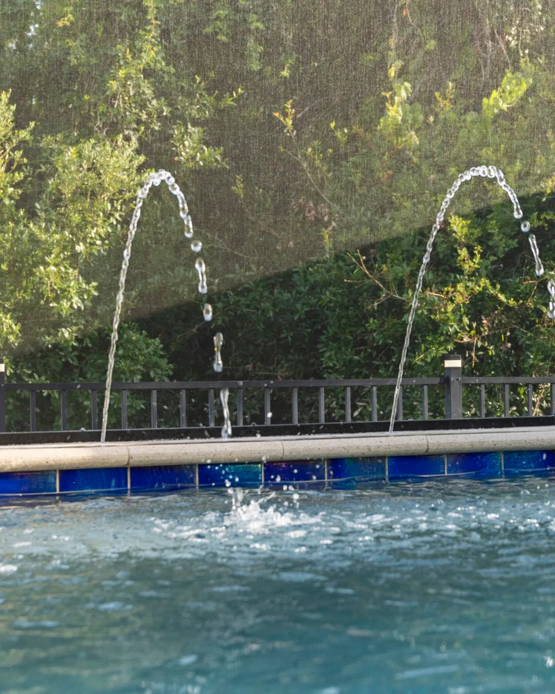 Custom pool with stone pillars, water bowls and deck jets built by Pool Perfection in Tampa